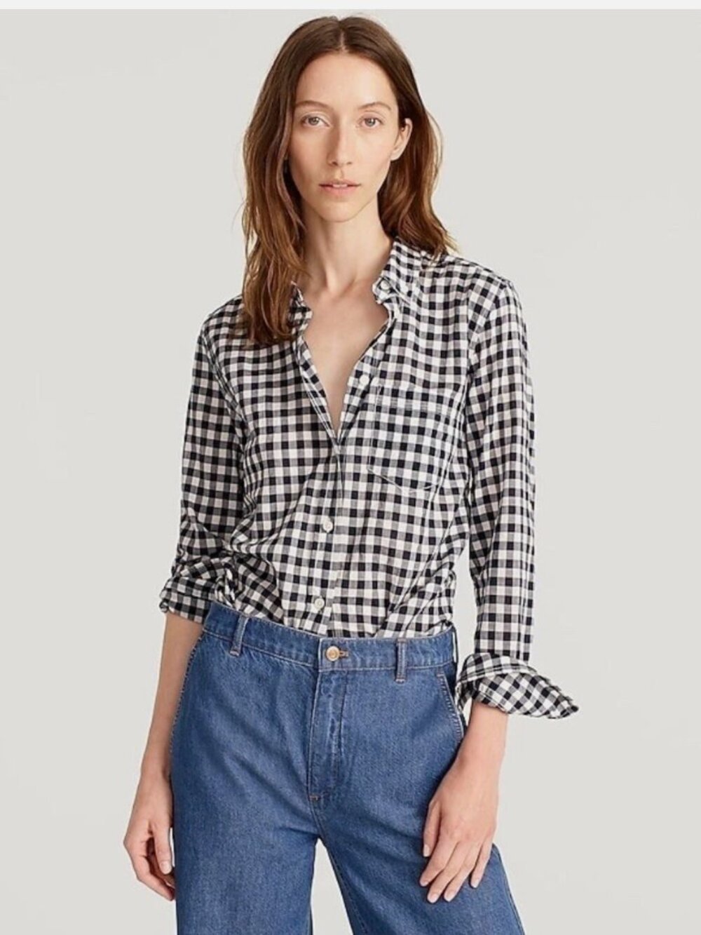 J. Crew Navy and White Gingham Button-Up Boy Cut Shirt